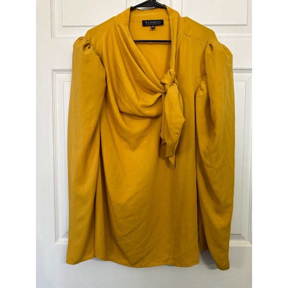 Eloquii Tops - Eloquii Size 28 Yellow Chiffon Tie Neck Drape Cowl Puffed Sleeve Blouse